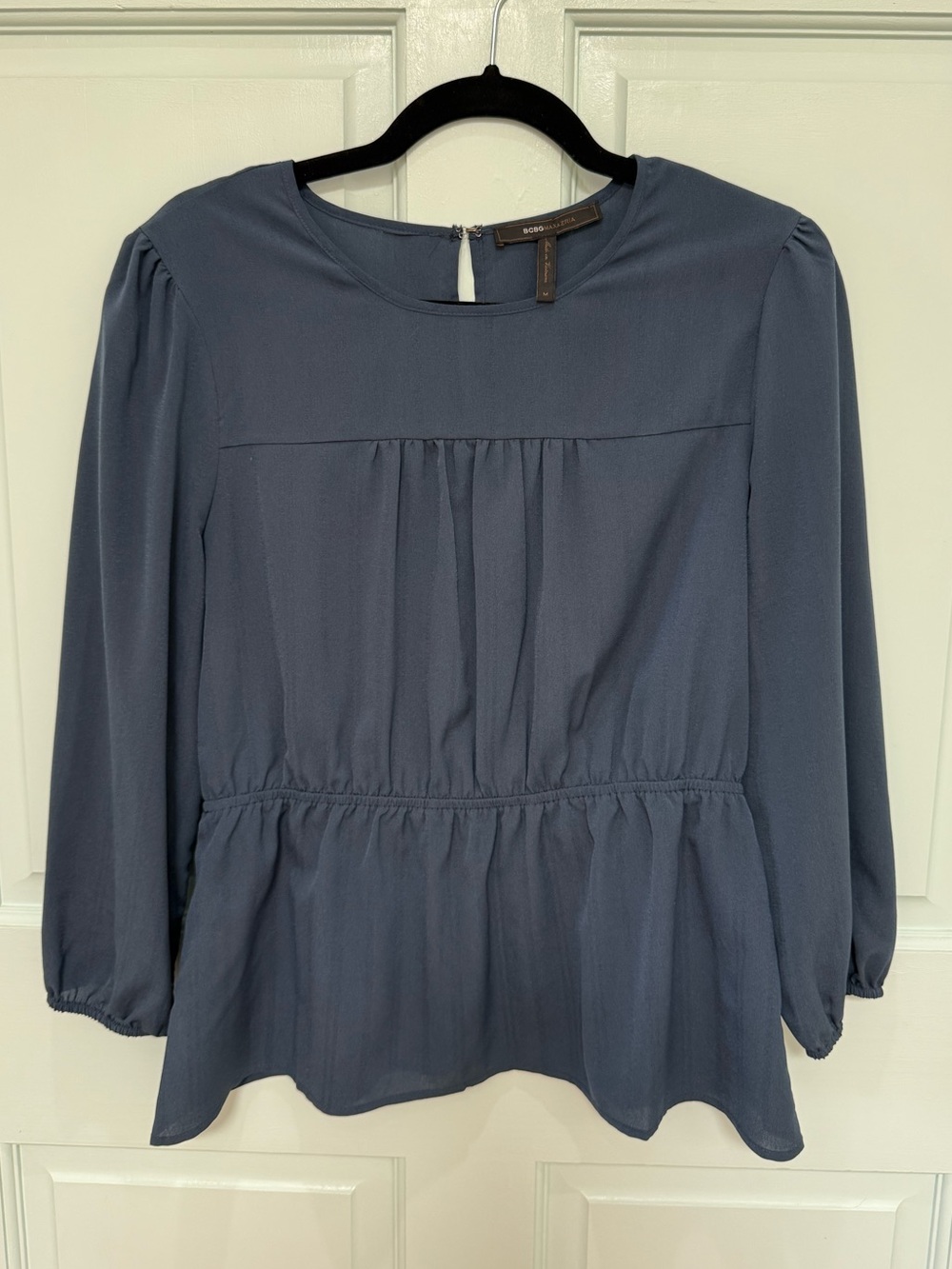 BCBG Max Azria Women's Slate Blue Long-Sleeve Peplum Hem Blouse